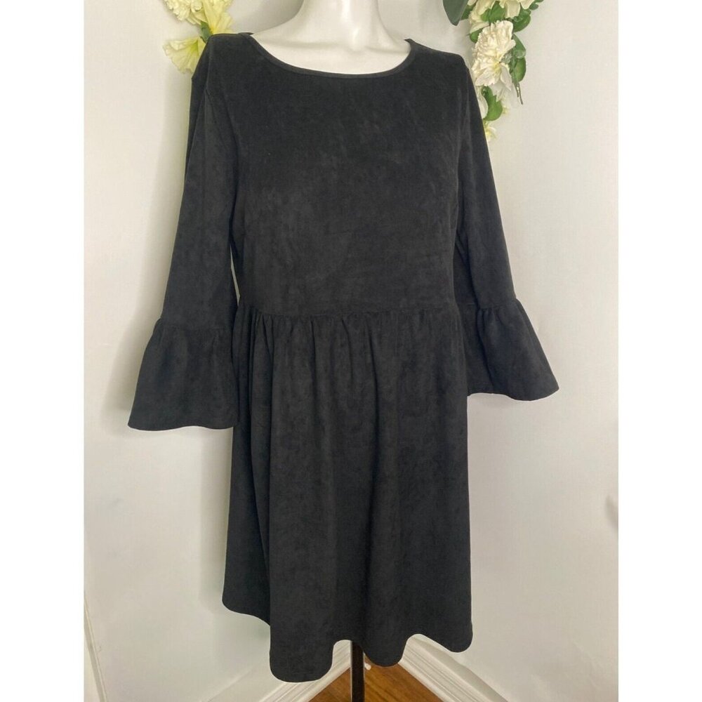 Vintage Axyeh Velvet Velour Black Tulip Bell Sleeve A-Line Mini Tunic Dress Sz S